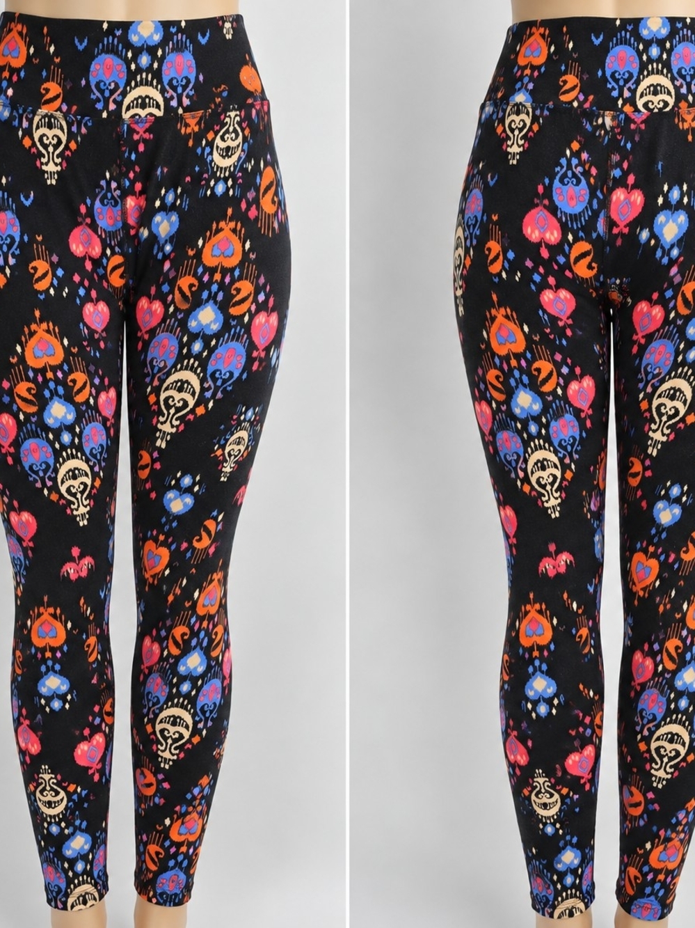LuLaRoe Black Leggings with Blue, Pink, Orange & Cream Floral Motif